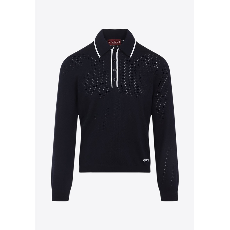 Perforated Wool Polo Sweater