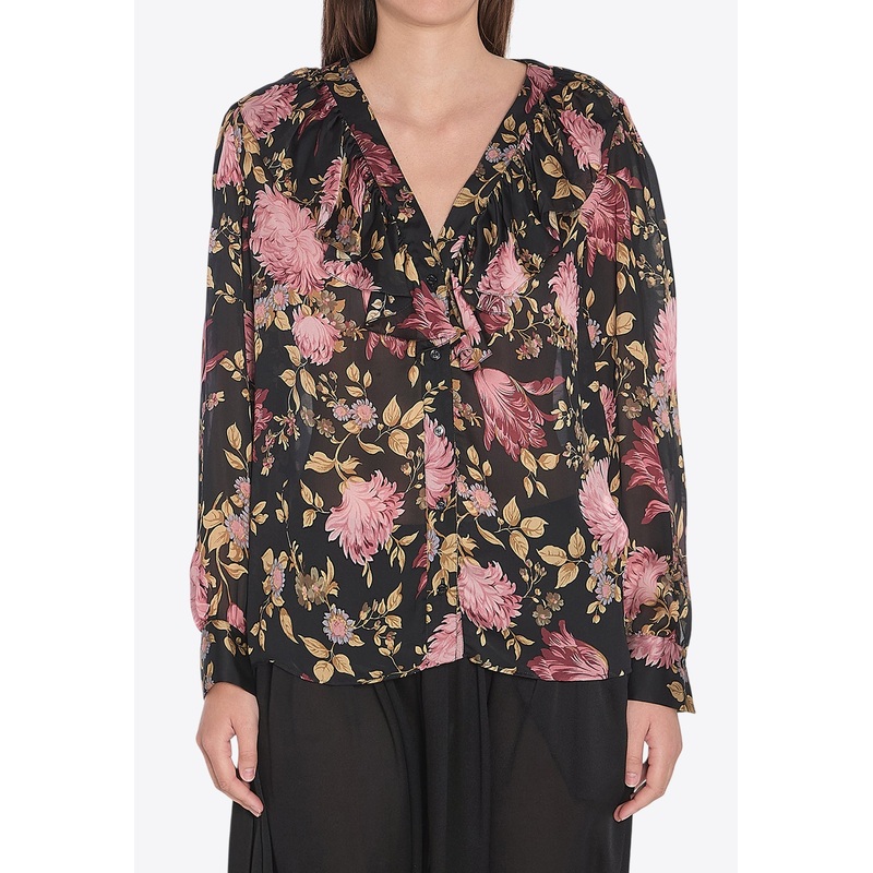 V-neck Floral Print Ruffled Blouse