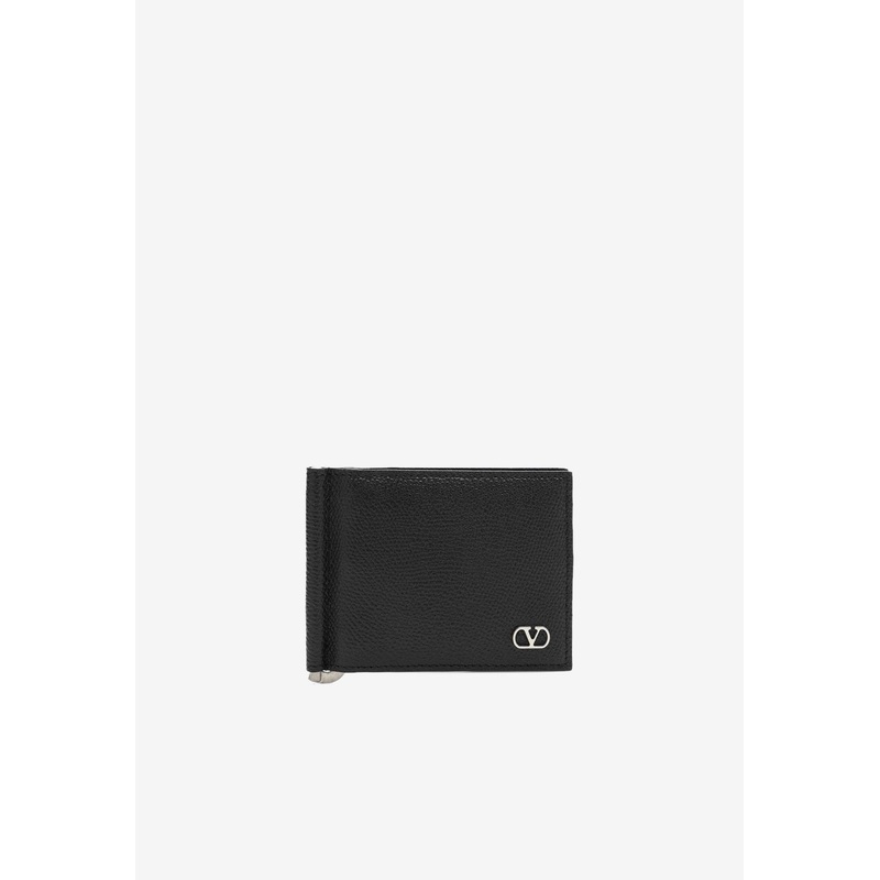 VLogo Bi-Fold Leather Wallet with Money Clip