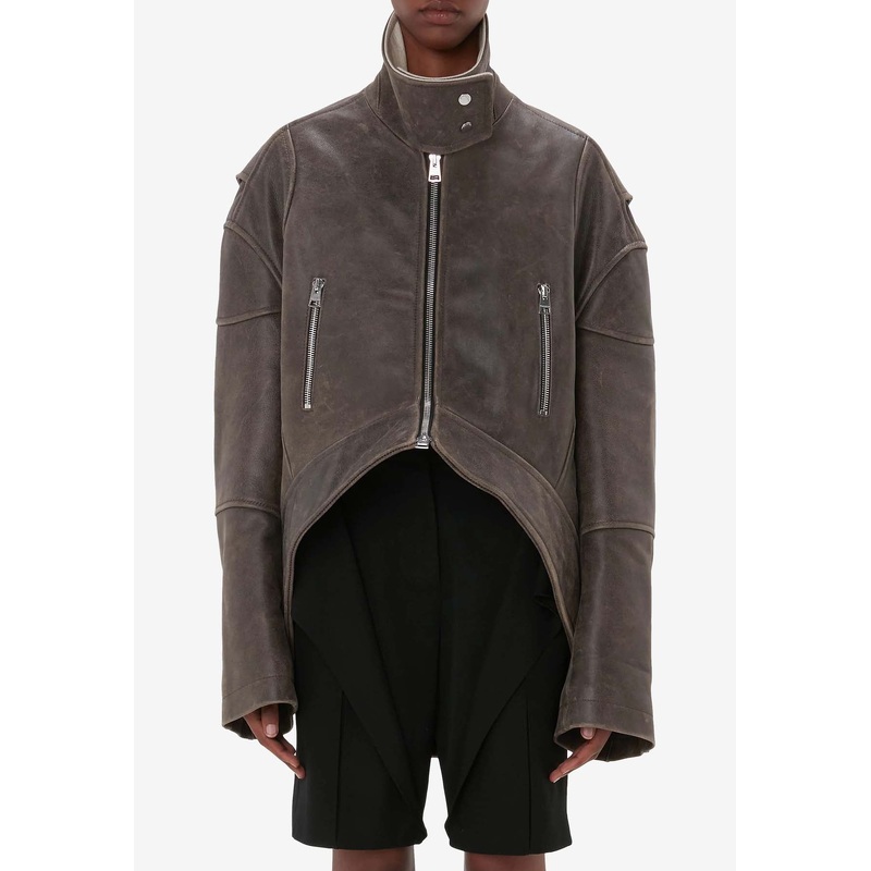 High-Neck Curved Leather Jacket