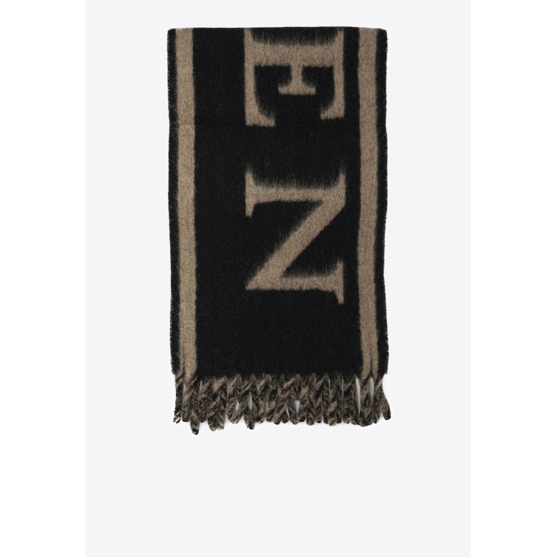 Logo Intarsia Wool Fringed Scarf