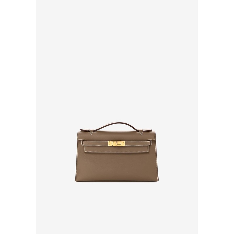 Kelly Pochette Clutch Bag in Etoupe Swift Leather with Gold Hardware