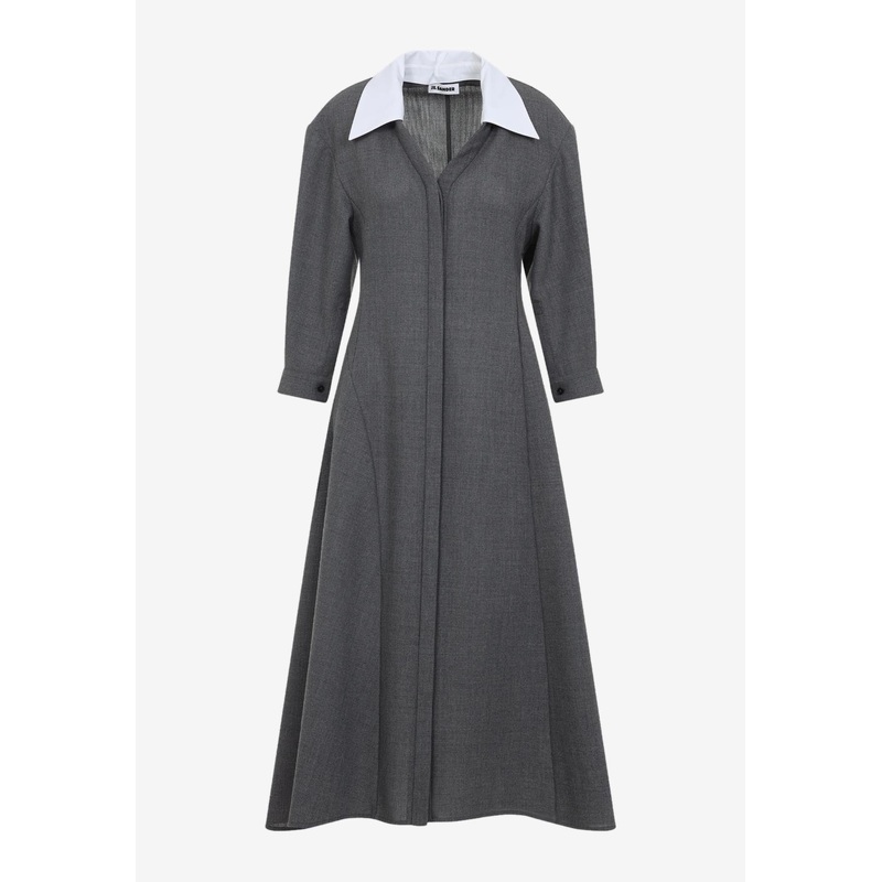 V-neck Wool Canvas Midi Dress