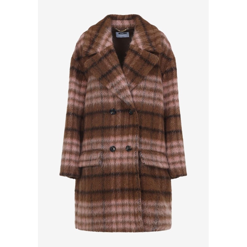 Double-Breasted Faux Fur Checked Coat