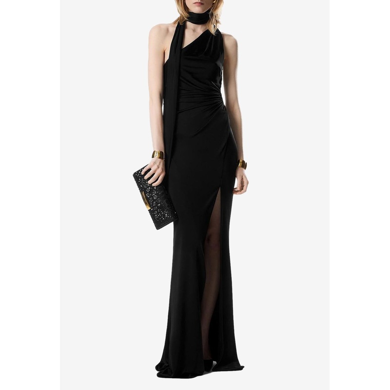 One-Shoulder Evening Dress with Scarf