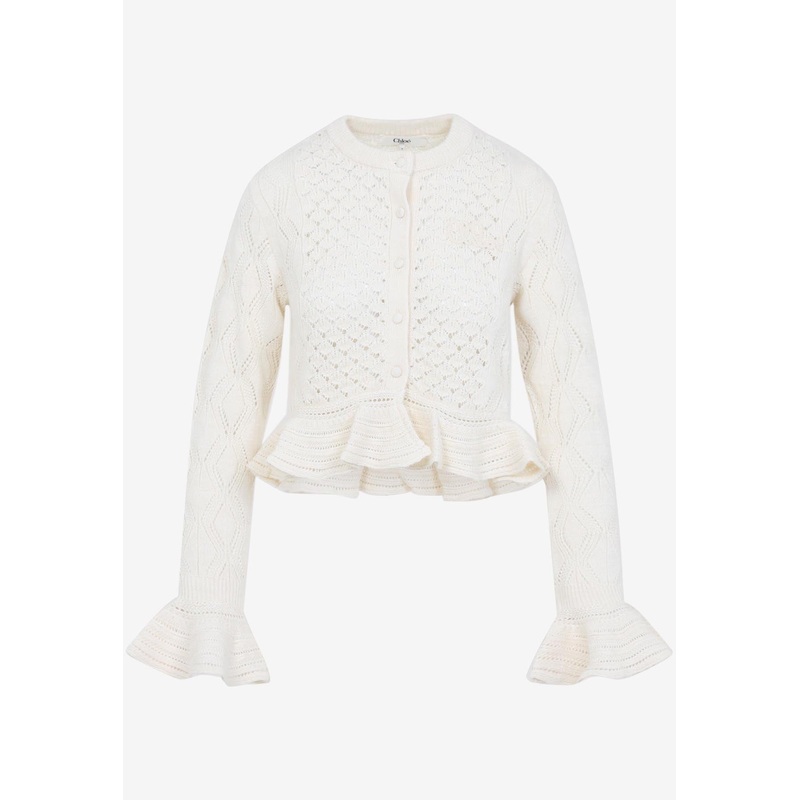 Openwork Flounced Cardigan in Alpaca and Silk