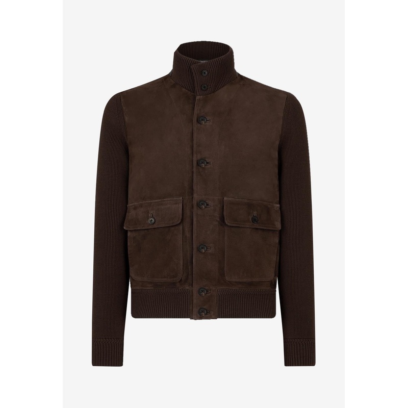 Suede Panel Wool Knit Cardigan