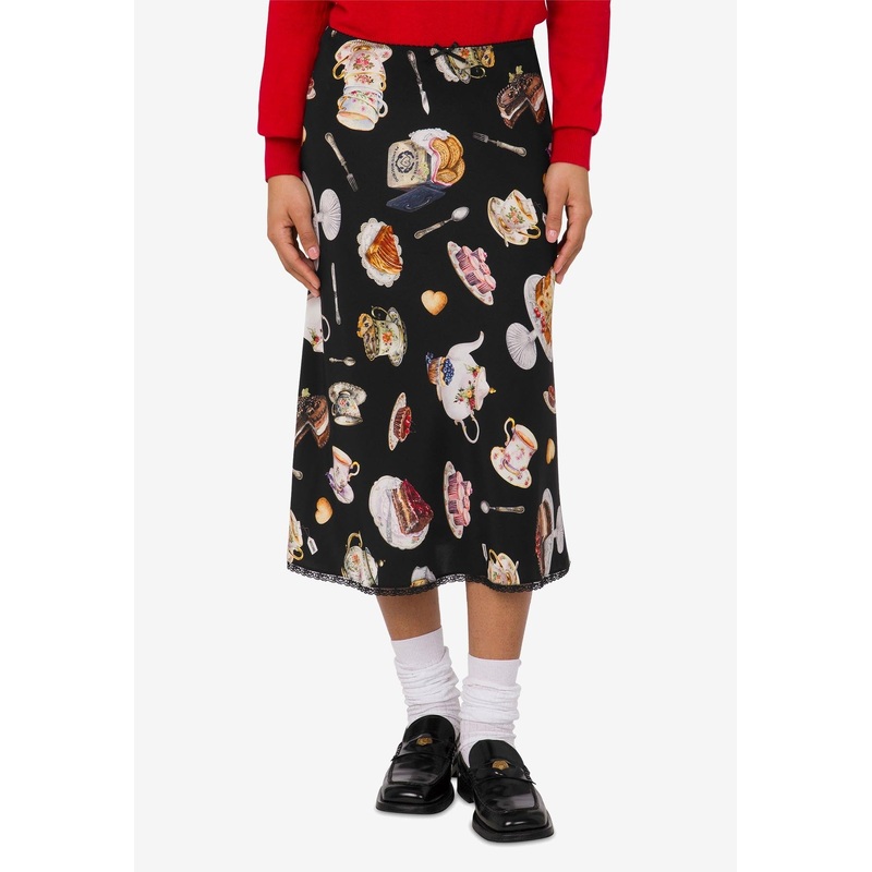 Tea Time Printed Silk Satin Midi Skirt