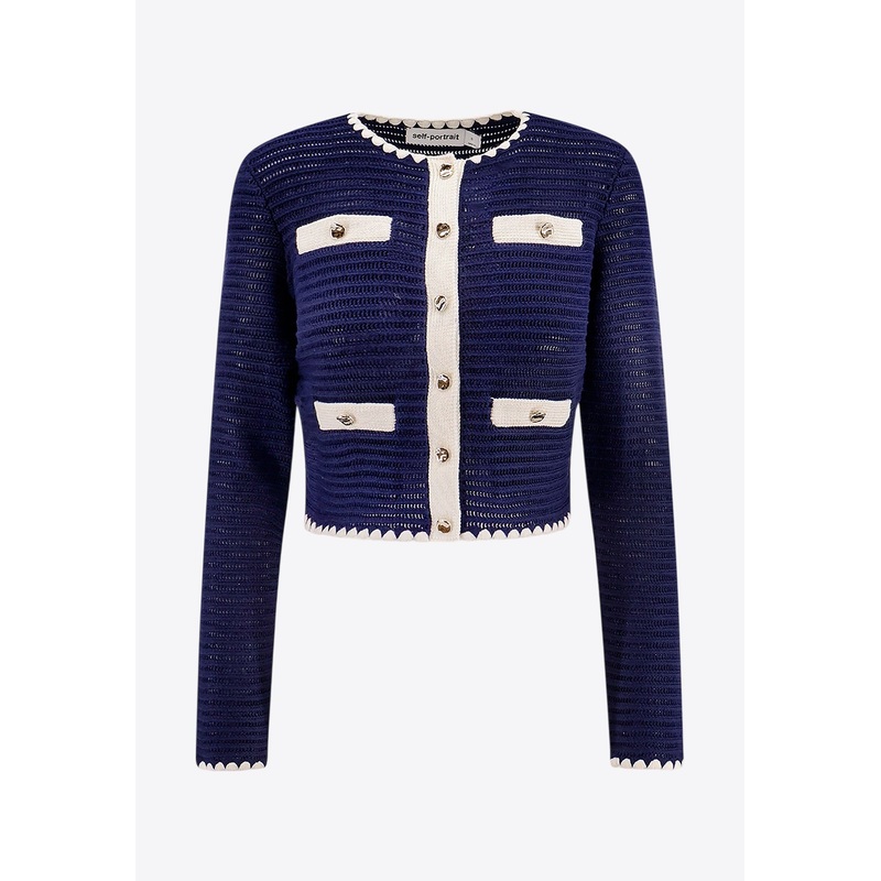 Crochet Knit Cardigan with Contrasting-Edges