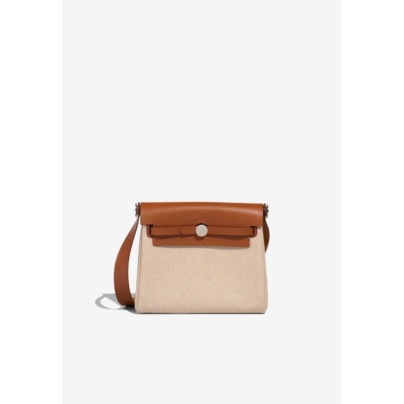 Mini Herbag Zip 20 in cru and Beige Toile and Fauve Hunter Leather with Palladium Hardware