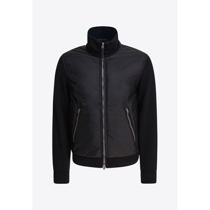 Knitted-Panel Zip-Up Bomber Jacket