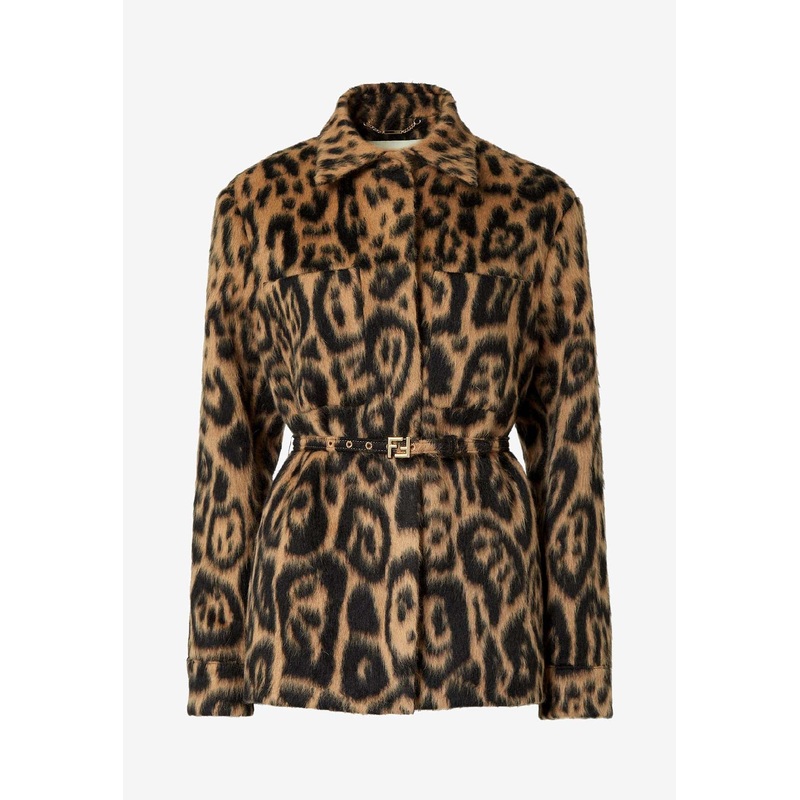 Leopard Print Fleece Wool Belted Jacket