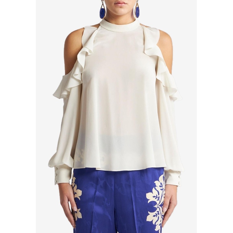 Cold-Shoulders Silk Ruffled Top