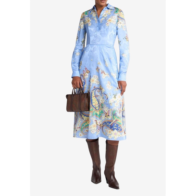 Floral Print Silk-Blend Midi Shirt Dress