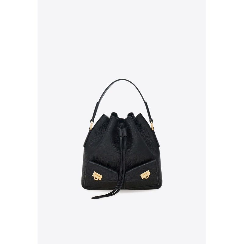 Multi-Pocket Leather Bucket Bag