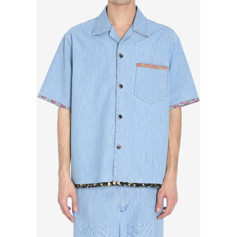 Floral-Trimmed Denim Shirt
