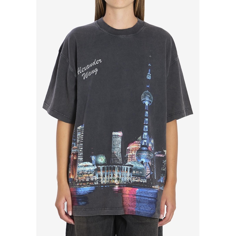 Shanghai Skyline Print Faded T-shirt
