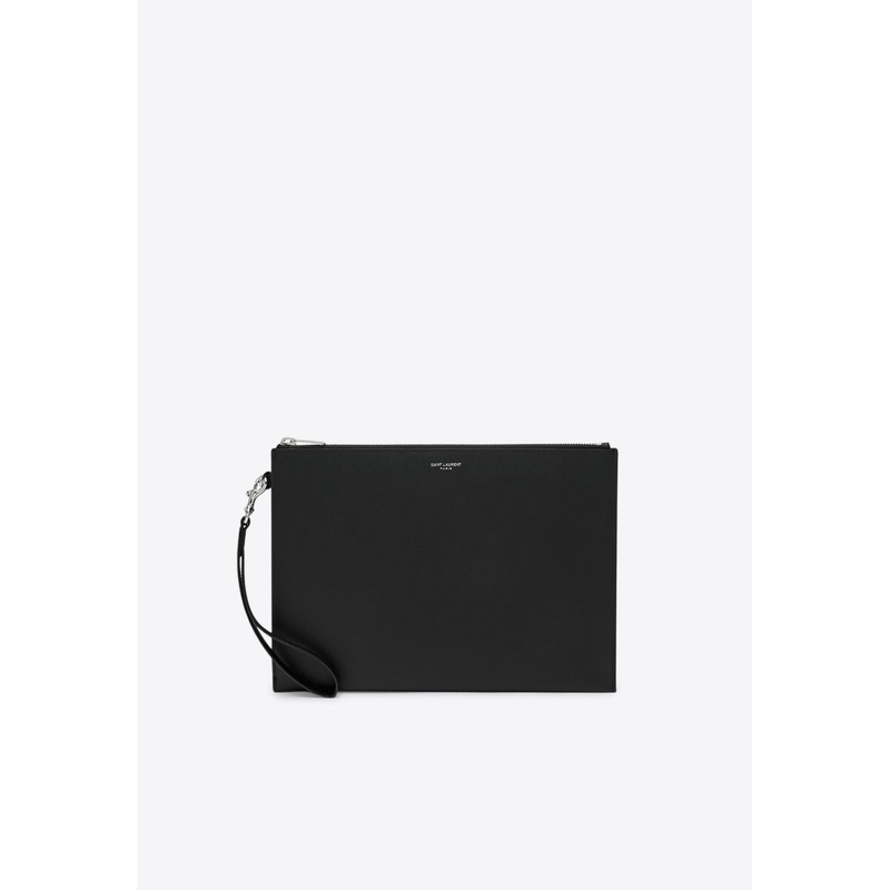 Logo Stamp Leather Zip Pouch Bag