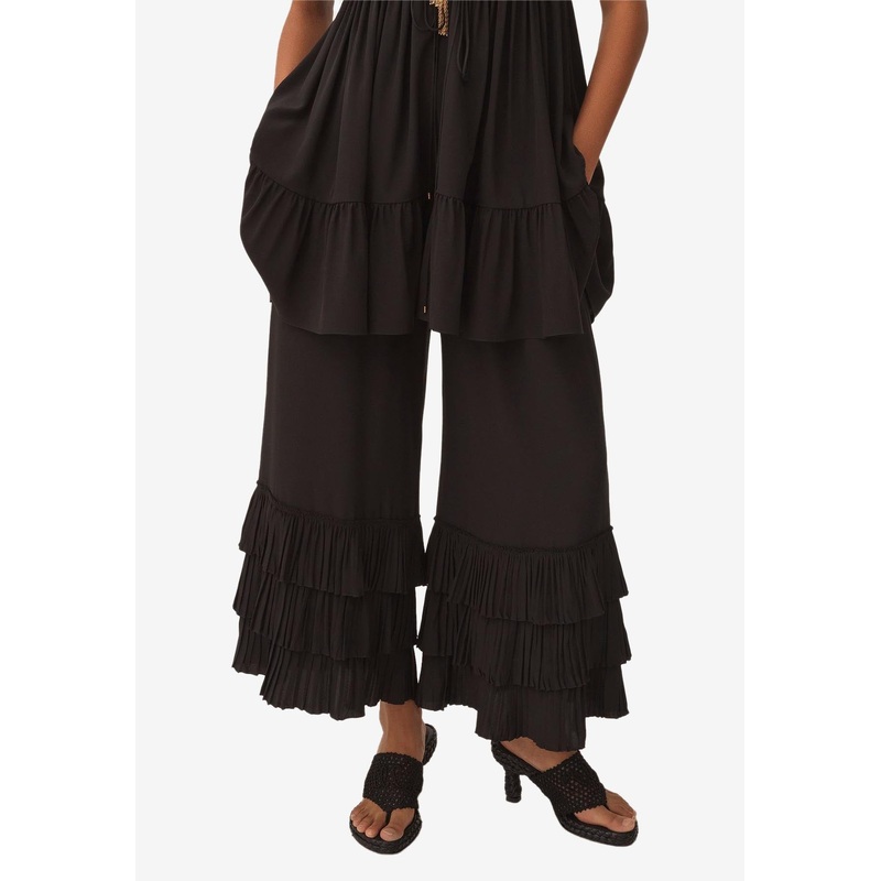 Ruffled Wide-Leg Silk Pants