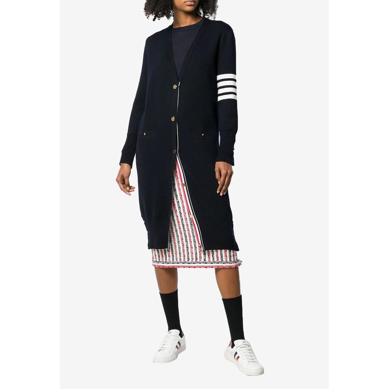 4-bar Striped Milano Stitch Long Wool Cardigan