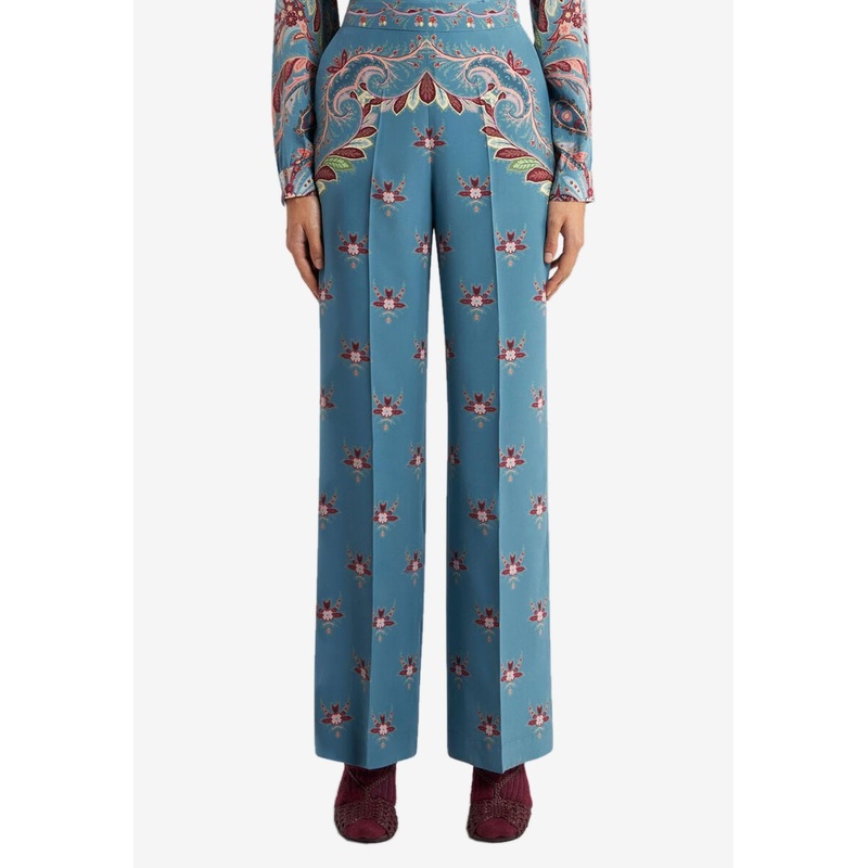 Floral Straight-Leg Pants in Silk