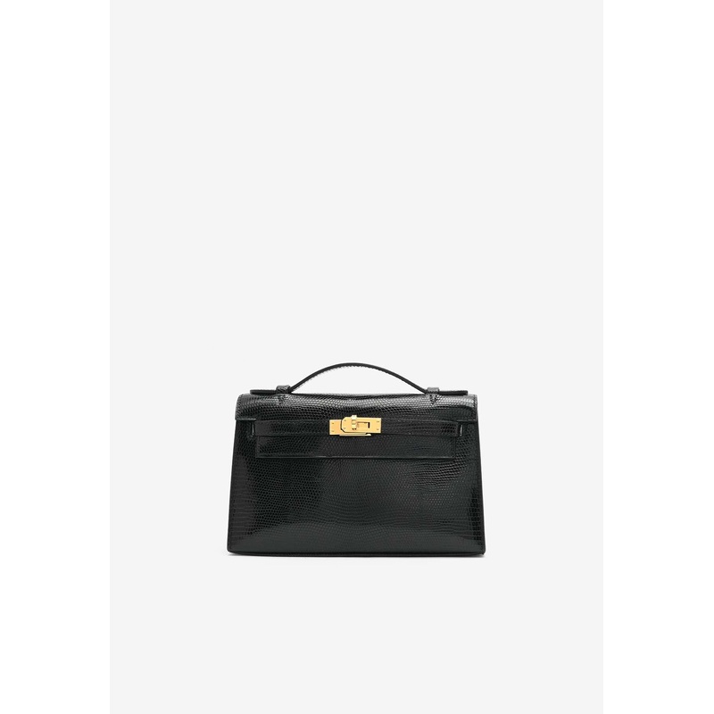Kelly Pochette Clutch Bag in Black Shiny Nilo Lizard with Gold Hardware