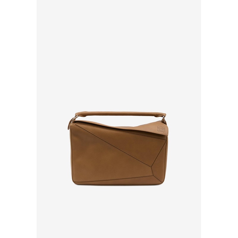 Large Puzzle Edge Grained Leather Top Handle Bag