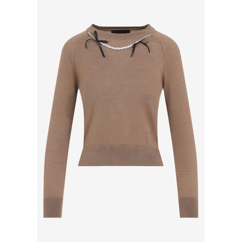 Pearl-Embellished Bow-Detailed Knitted Sweater