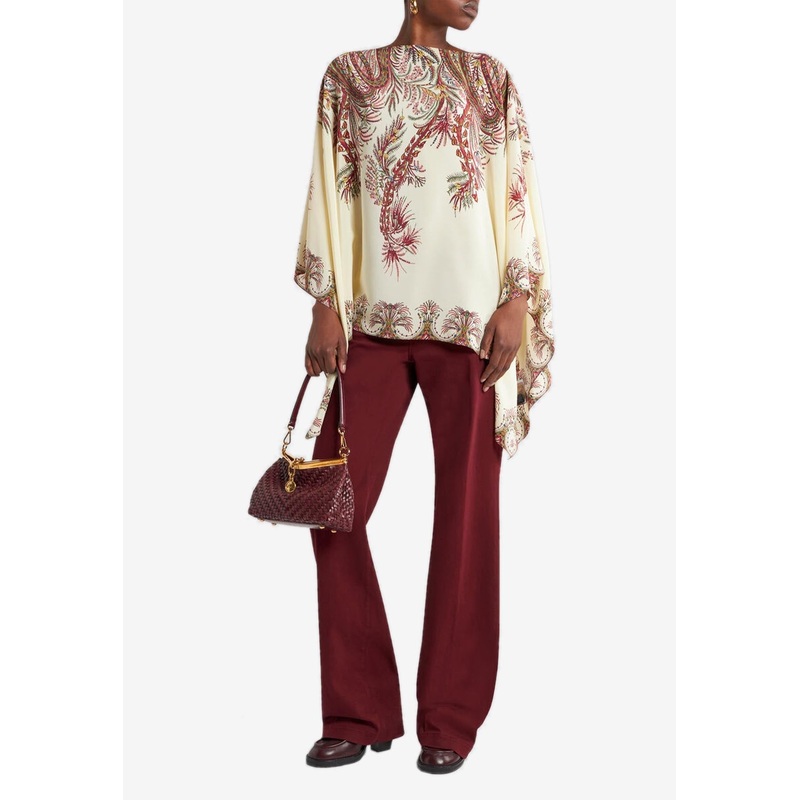 Silk Poncho Top with Placed Print