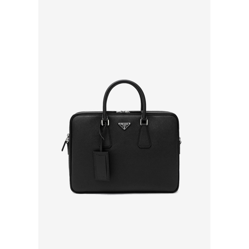 Triangle Logo Saffiano Leather Briefcase
