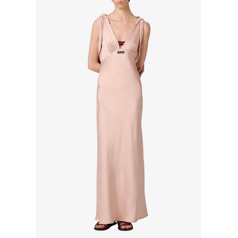 V-neck Draped Maxi Satin Dress