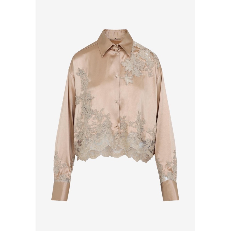 Lace-Insert Satin Shirt