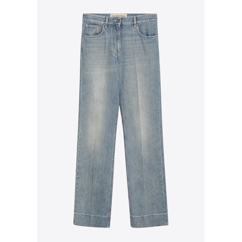 Logo Patch Straight-Leg Faded Jeans