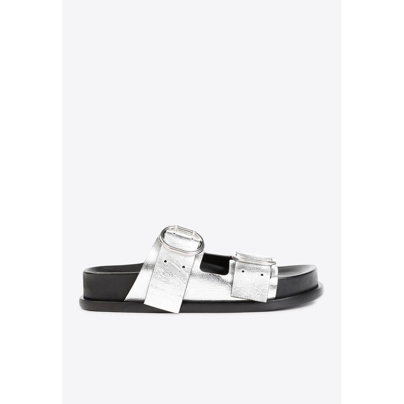Metallic Strap Leather Flat Sandals