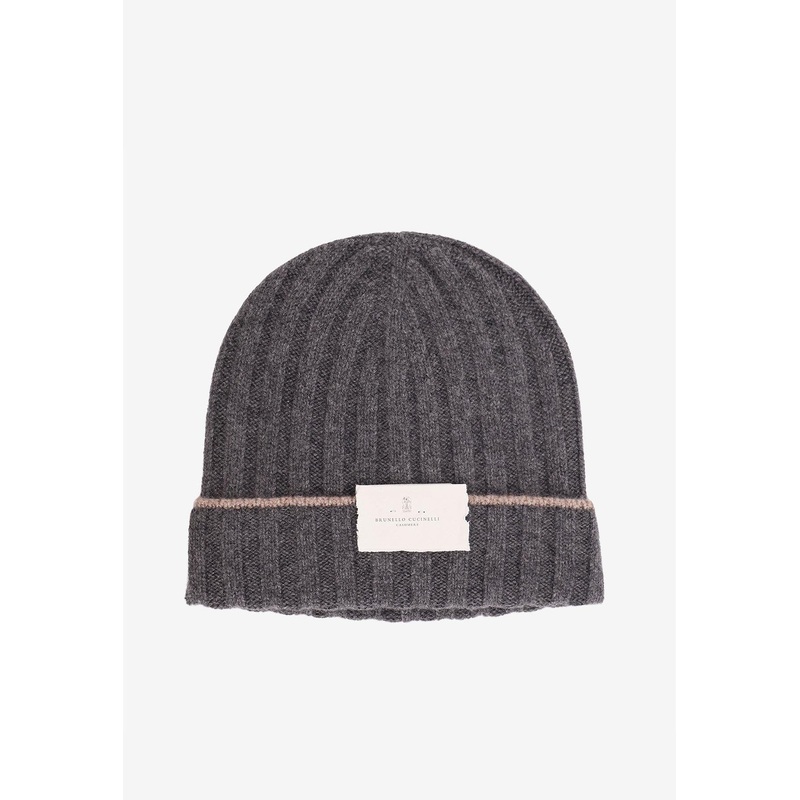 Logo Patch Ribbed Cashmere Beanie
