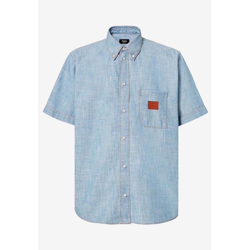 Logo Patch Short-Sleeved Denim Shirt