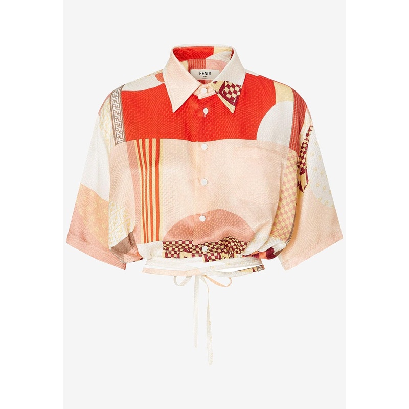 Patchwork Print Cropped Silk Shirt