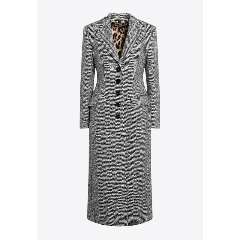 Single-Breasted Herringbone Wool Long Coat