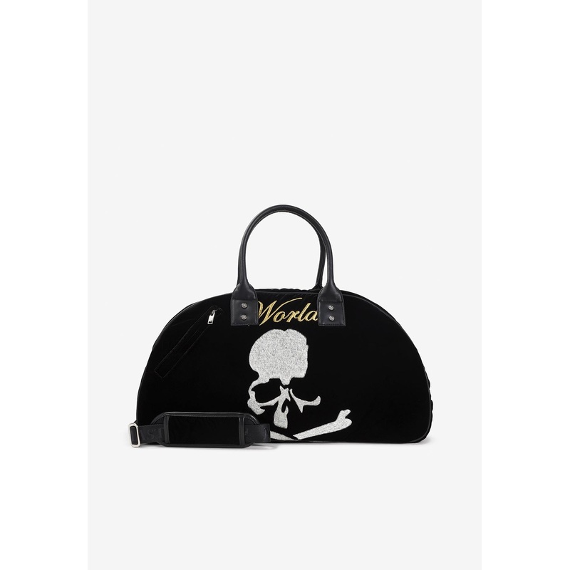Skull Embroidered Velvet Duffle Bag