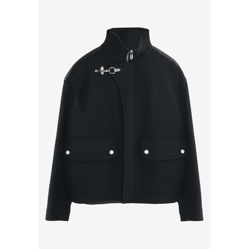 Straight Side Buckle Wool and Leather Jacket