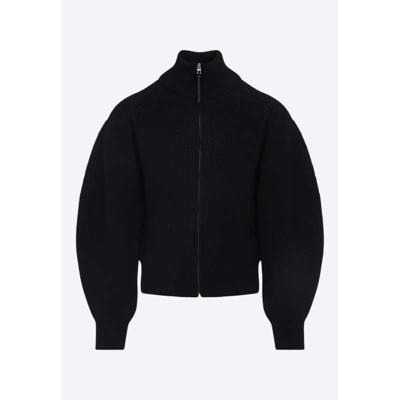 Balloon-Sleeved Zip-Up Cardigan