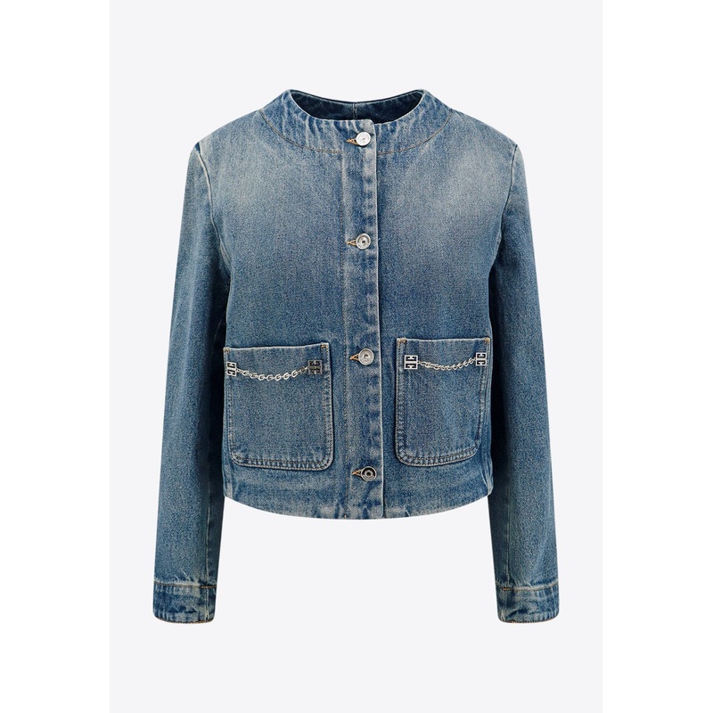 Chain-Embellished Button-Up Denim Jacket