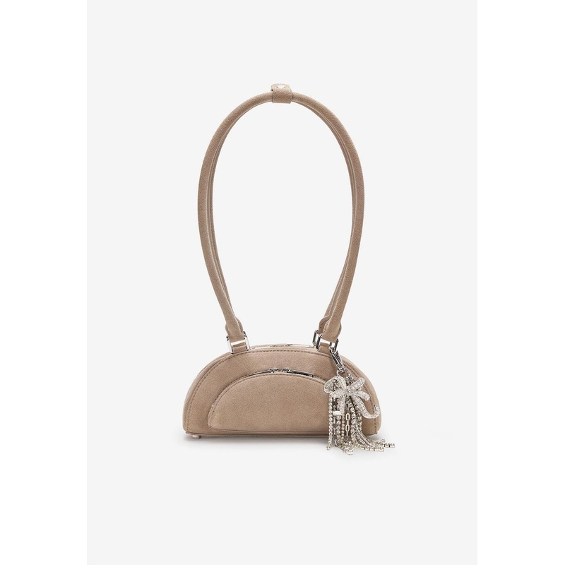 Crystal Ribbon Charms Suede Shoulder Bag