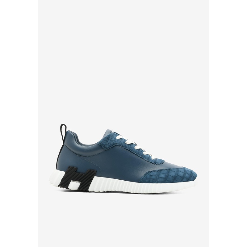 Bouncing Low-Top Sneakers in Bleu Turquin Calfskin and Suede Alligator