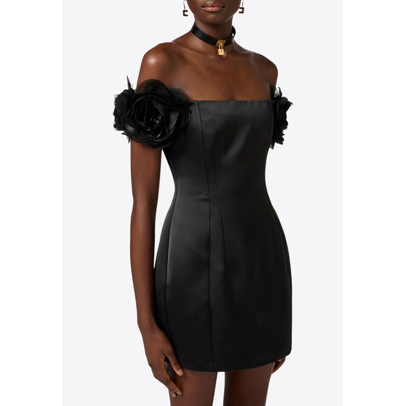 Flower Applique Off-Shoulder Mini Satin Dress