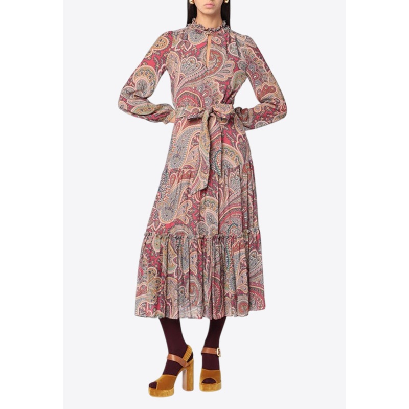 Paisley Print Ruffled Midi Dress