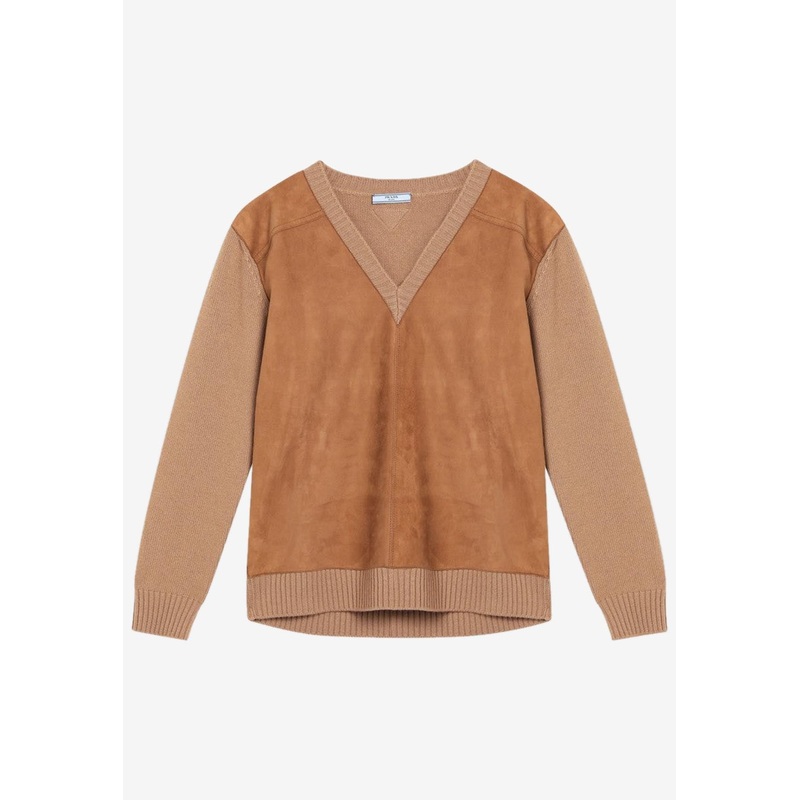 Wool and Suede V-neck Sweater