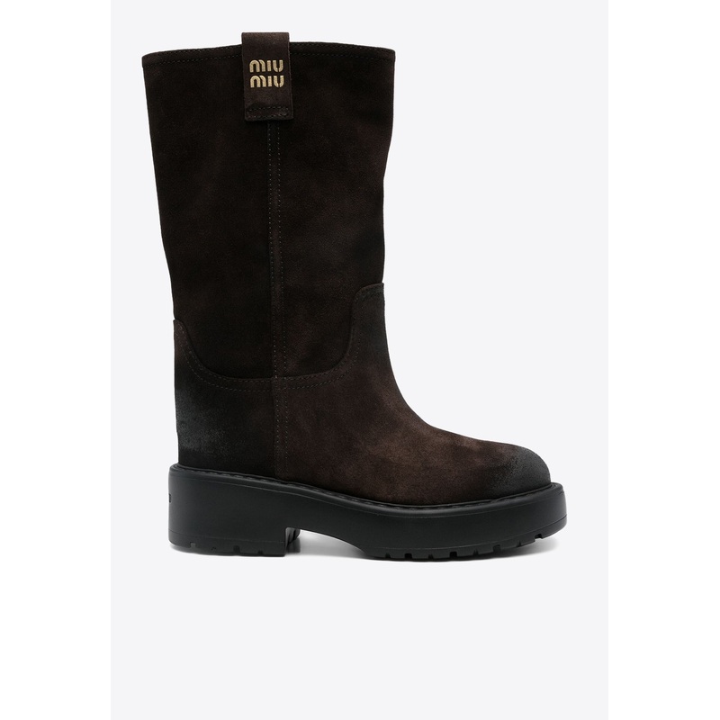 Logo Lettering Mid-Calf Suede Boots