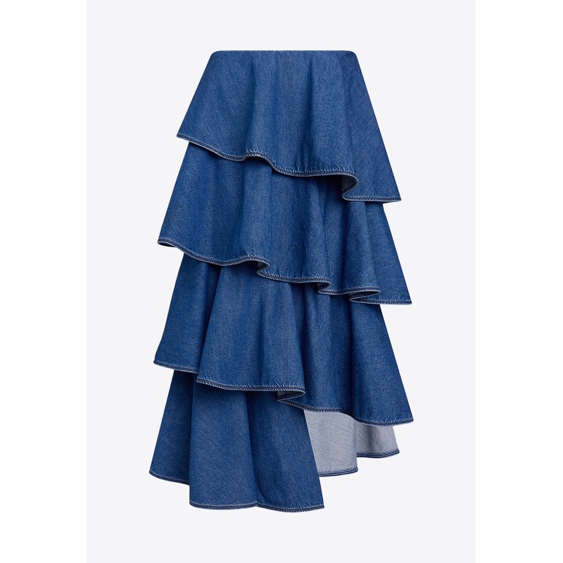 Tiered Ruffled Denim Skirt