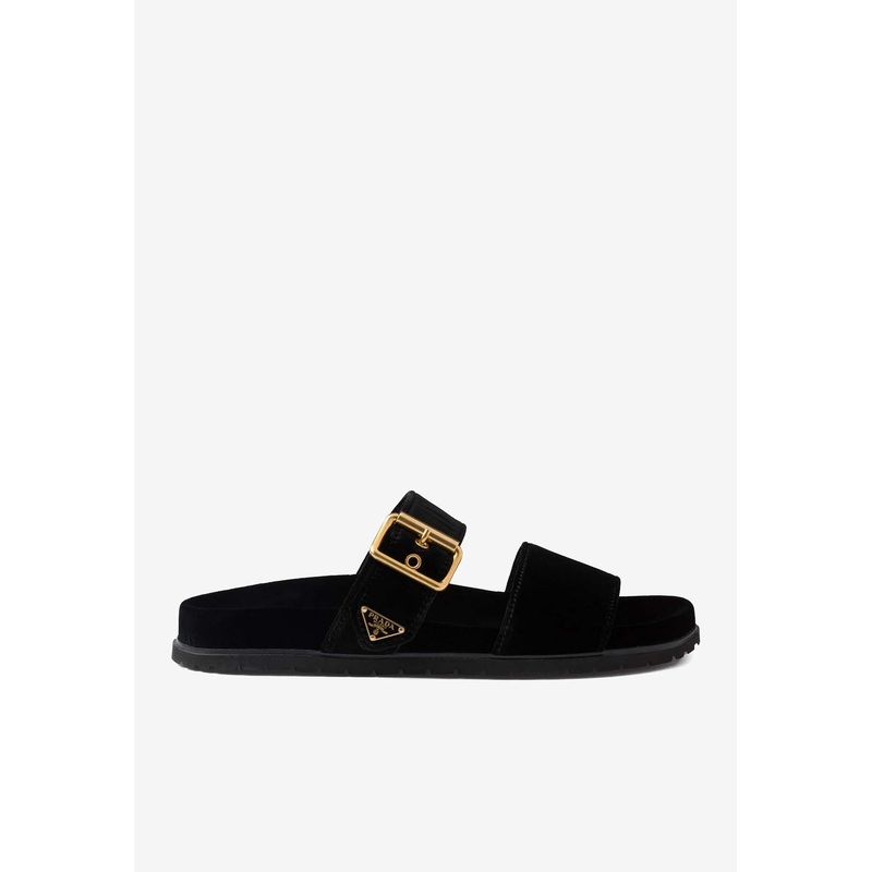 Triangle Logo Velvet Flat Sandals